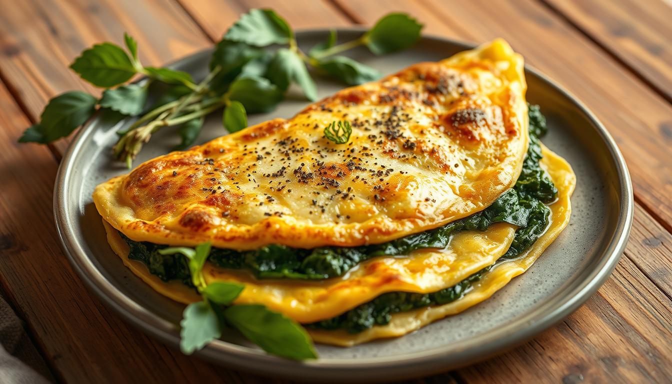 Spinach omelet with lactose-free cheese for fibromyalgia