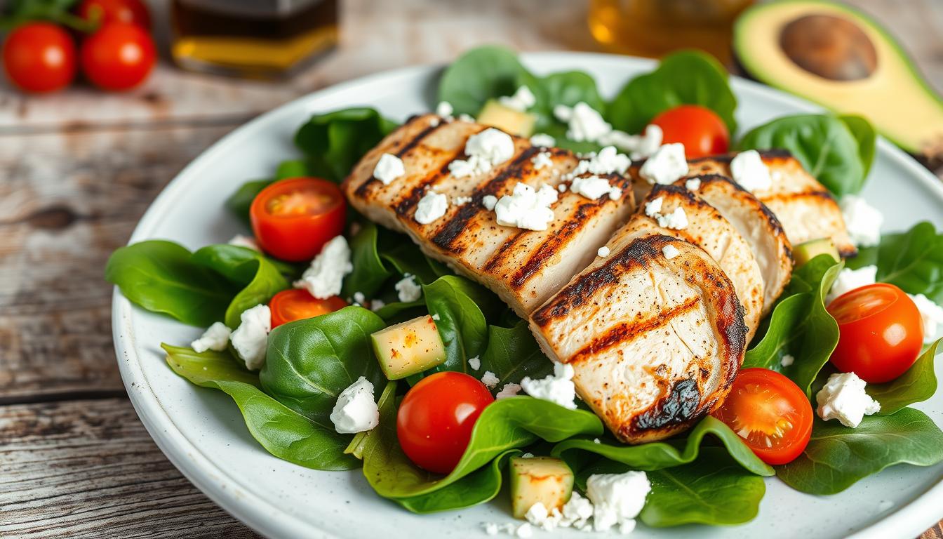 Spinach salad with grilled chicken for fibromyalgia