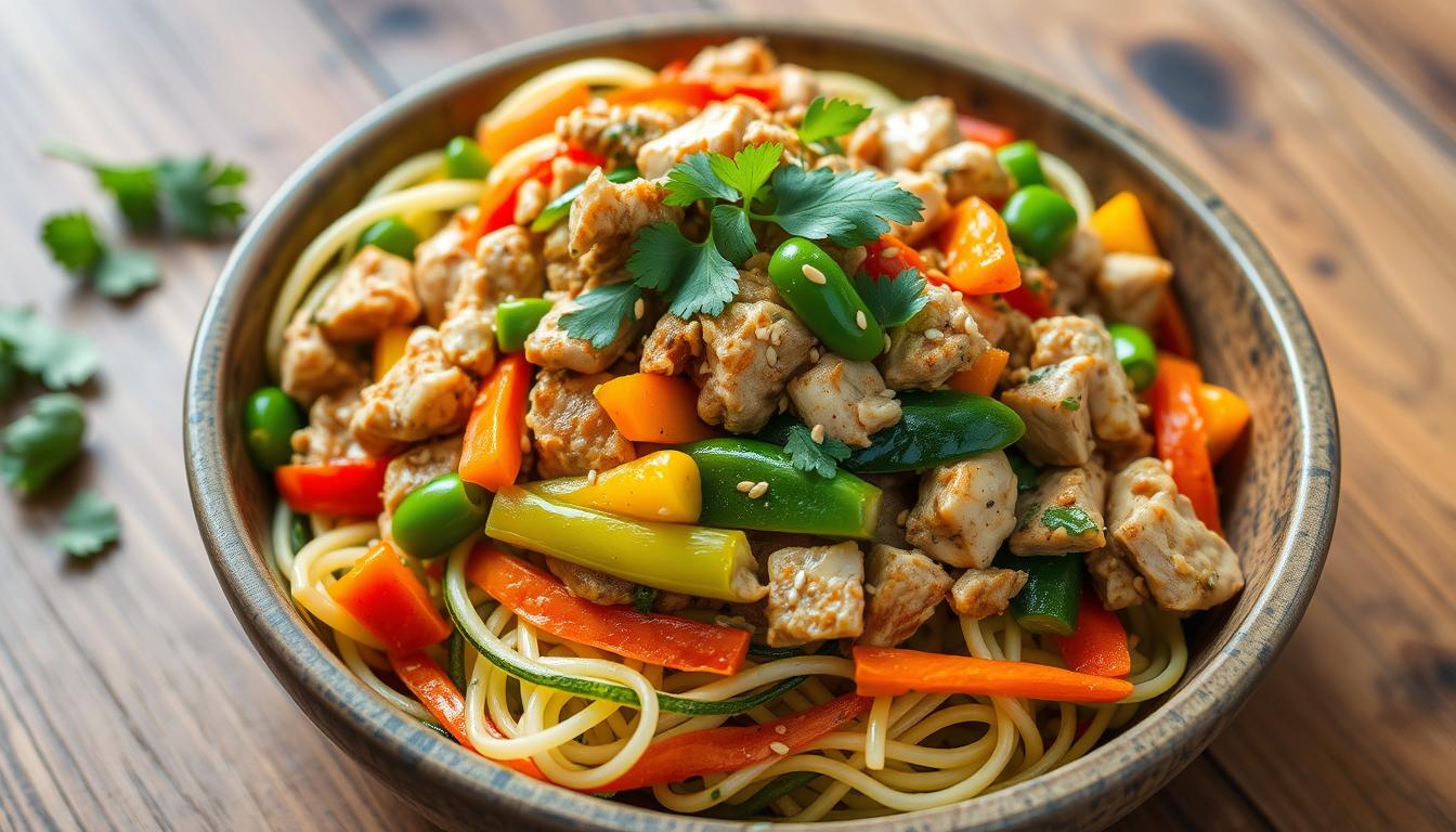 Turkey stir-fry with zucchini noodles for fibromyalgia