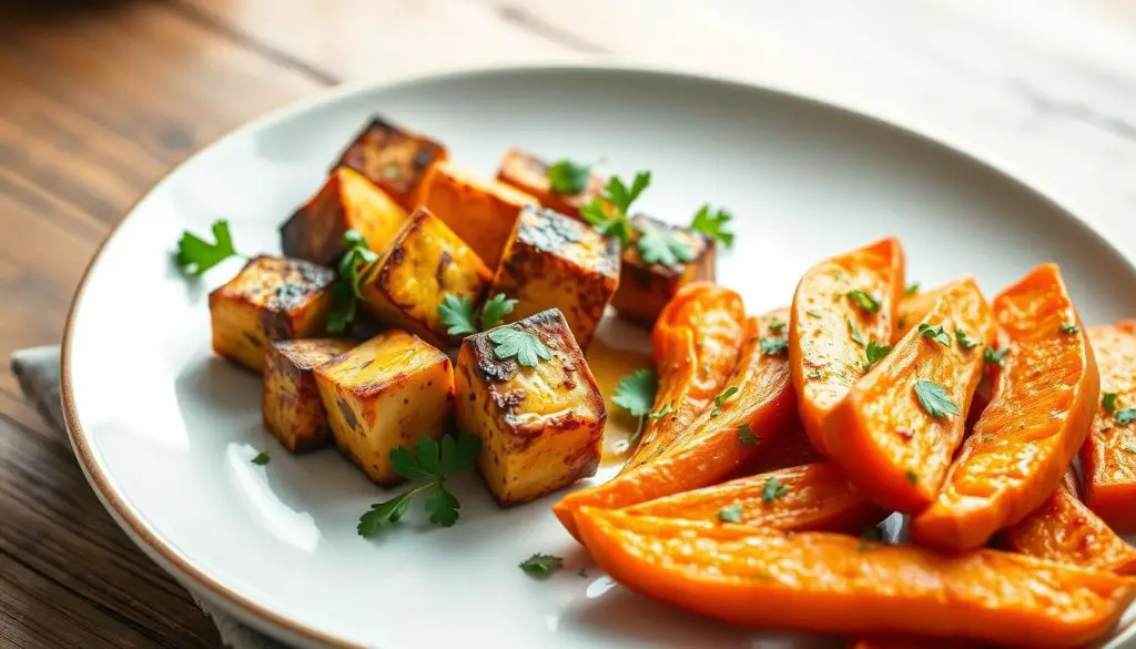 baked tofu and sweet potatoes