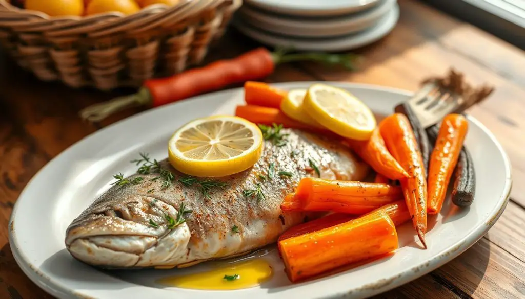 baked trout and roasted carrots