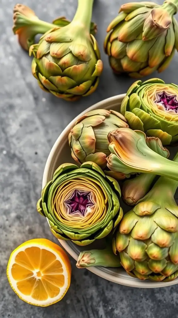 Fresh artichokes with a sliced lemon on the side