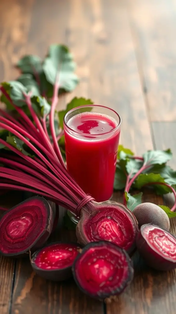 Fresh beets and a glass of beet juice on a wooden surface