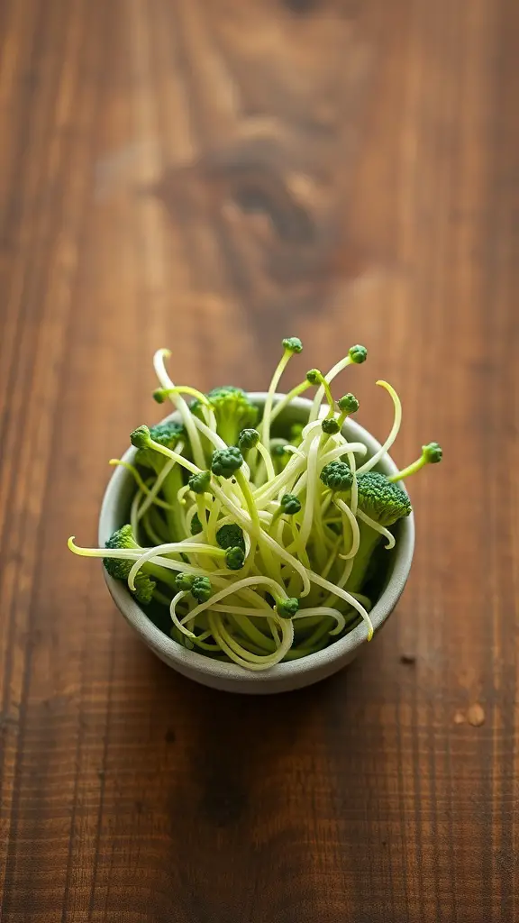 A bowl of fresh broccoli sprouts on a wooden table.