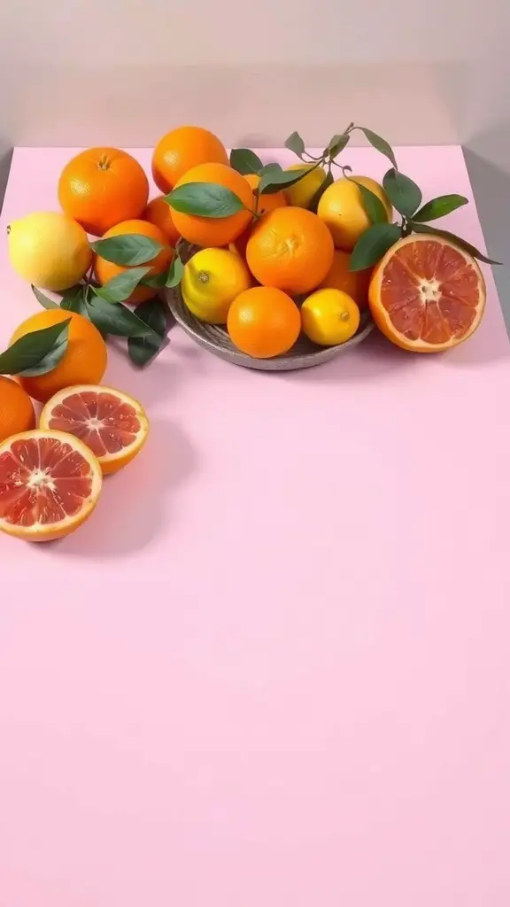 A vibrant assortment of citrus fruits including oranges, lemons, and grapefruits arranged on a pink background.