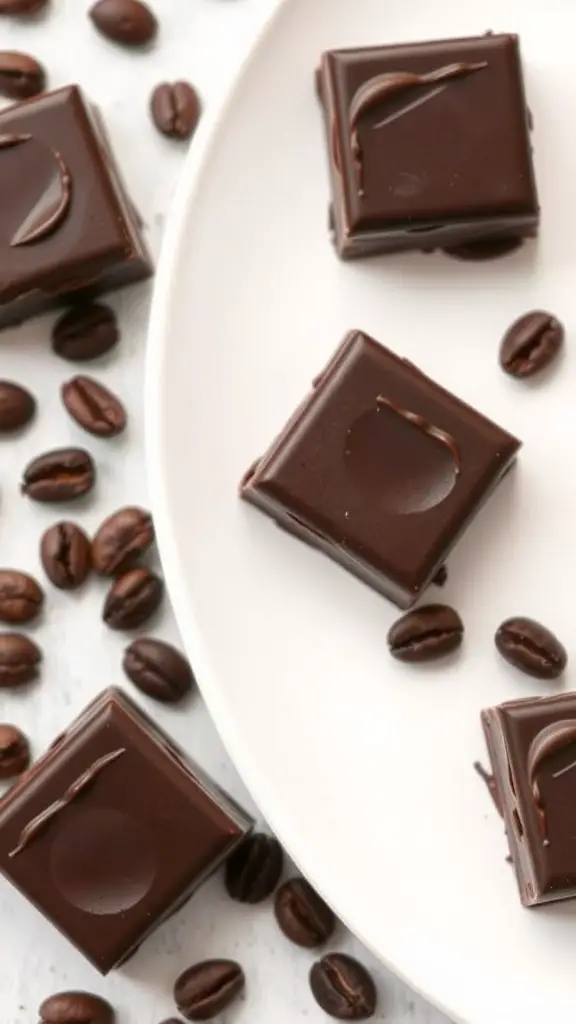 Dark chocolate squares arranged on a plate with coffee beans scattered around