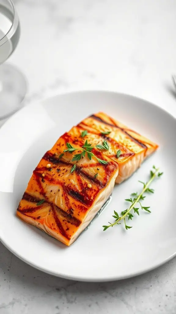 Grilled salmon filet garnished with herbs on a white plate.