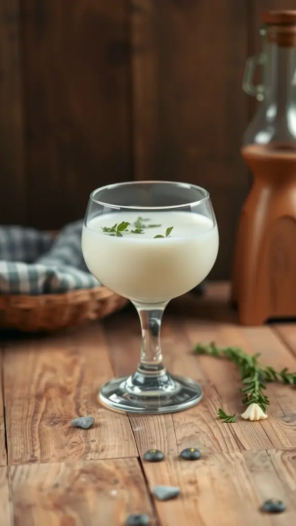 A glass of kefir drink garnished with herbs, displayed on a wooden table.