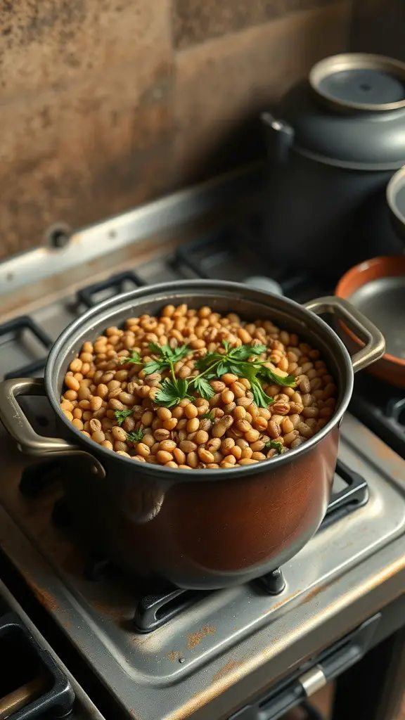 A pot of cooked lentils garnished with herbs on a stove.