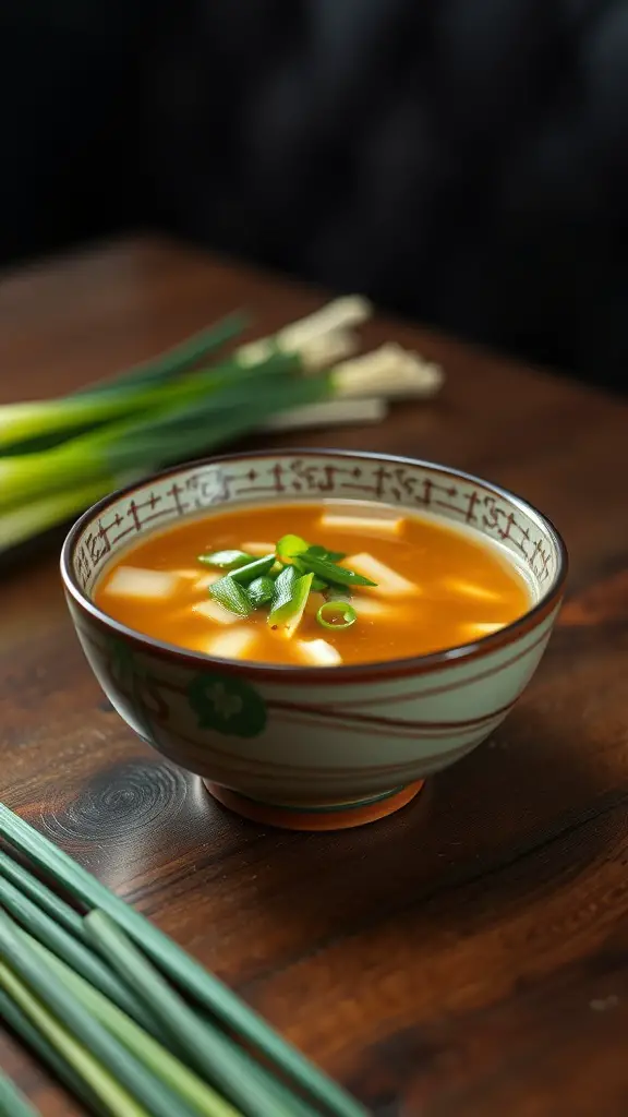 A bowl of miso soup garnished with green onions on a wooden table