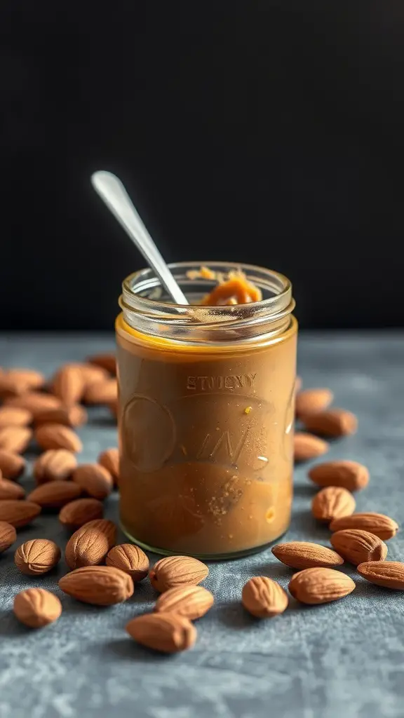 A jar of almond butter with a spoon, surrounded by almonds.