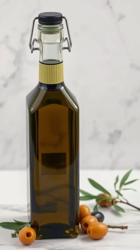 A bottle of olive oil surrounded by olives and olive leaves, representing heart-healthy benefits.