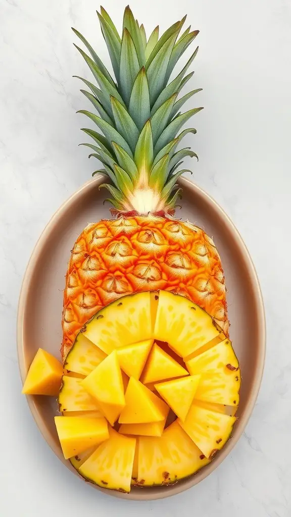 A whole pineapple cut in half with fresh yellow pineapple pieces on a plate.