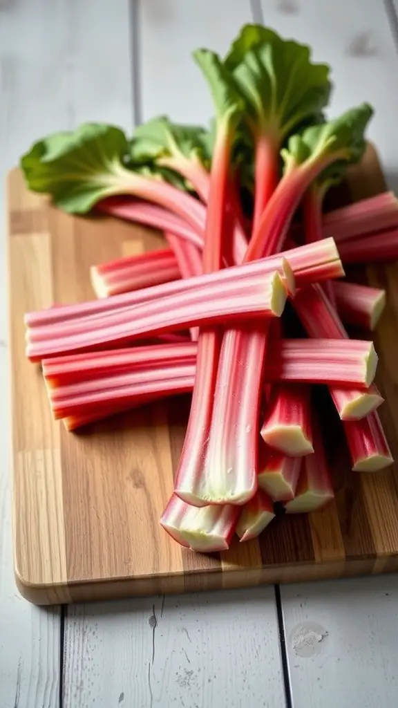 Fresh rhubarb stalks on a wooden cutting board