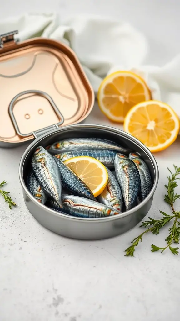 Canned sardines with lemon slices and fresh herbs