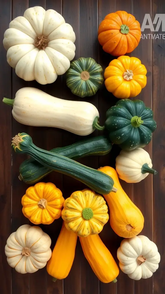 An assortment of different squash varieties arranged on a wooden surface.