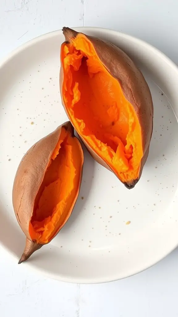 Cooked sweet potatoes halved on a plate, showcasing their bright orange interior.