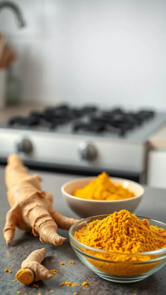 An assortment of turmeric root and turmeric powder displayed in bowls on a kitchen countertop