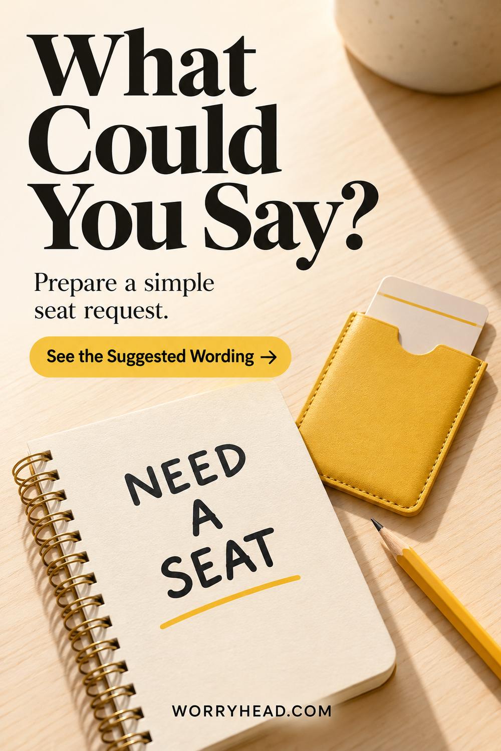 Notebook saying Need a Seat with a ticket wallet; asking for a seat with endometriosis.