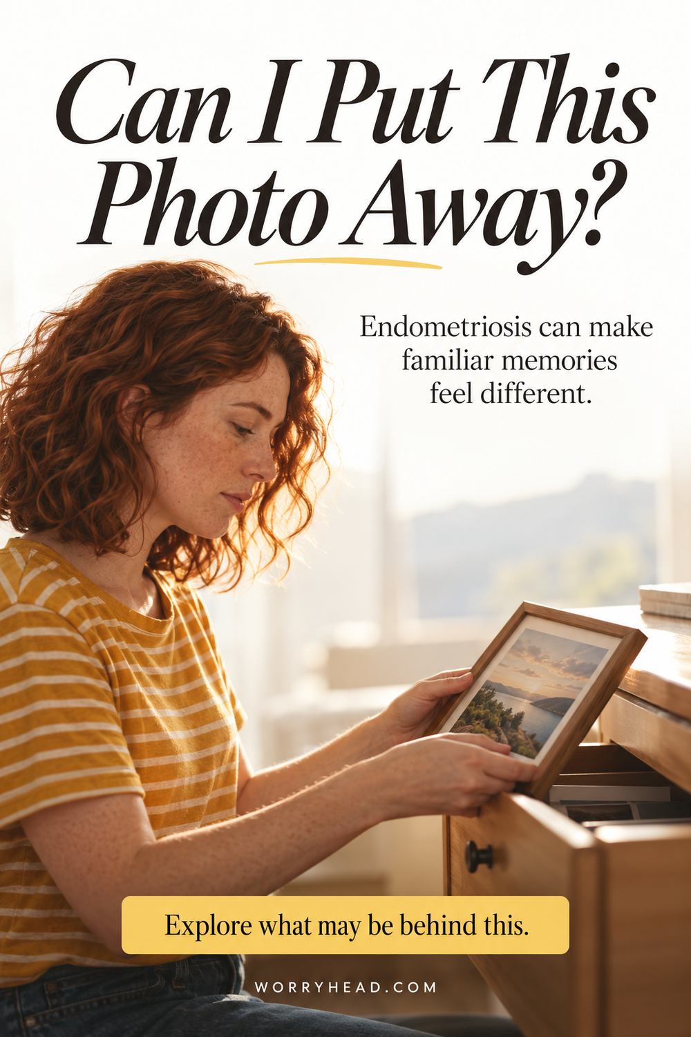Woman putting a framed photo away for endometriosis and old photos