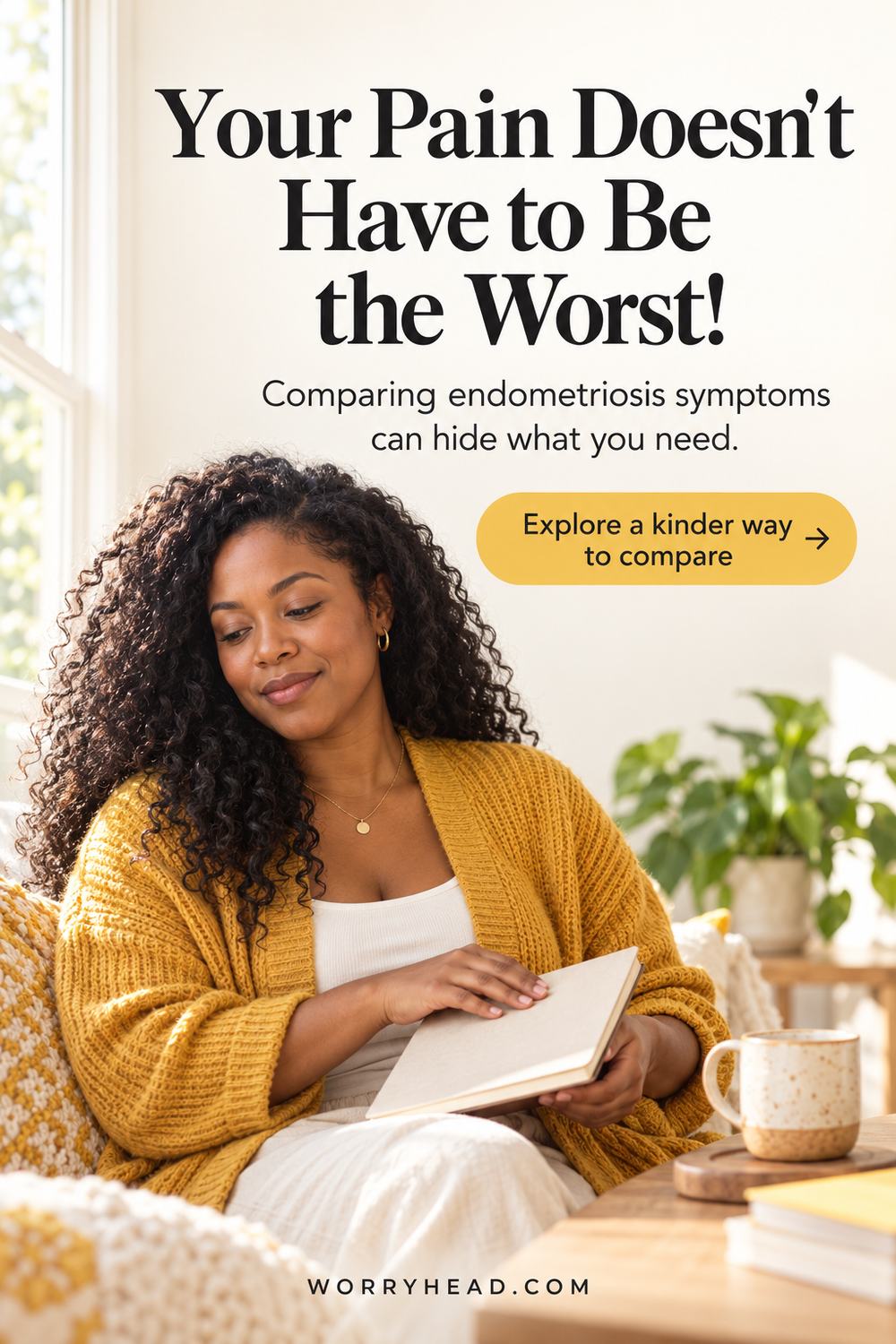 Woman with loose curls closing a notebook — comparing endometriosis symptoms.