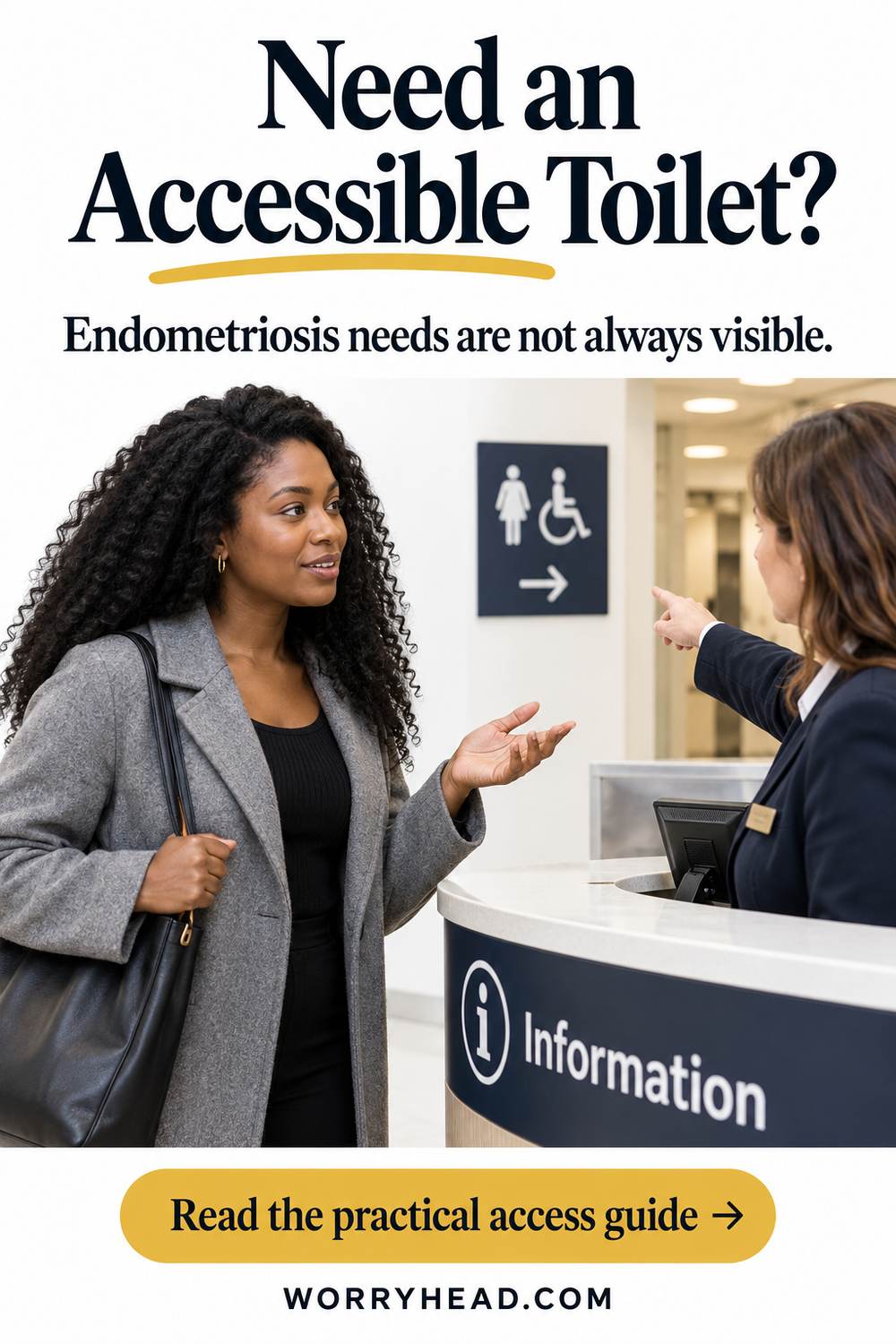 Black woman asking for directions at an information desk for endometriosis and accessible toilets