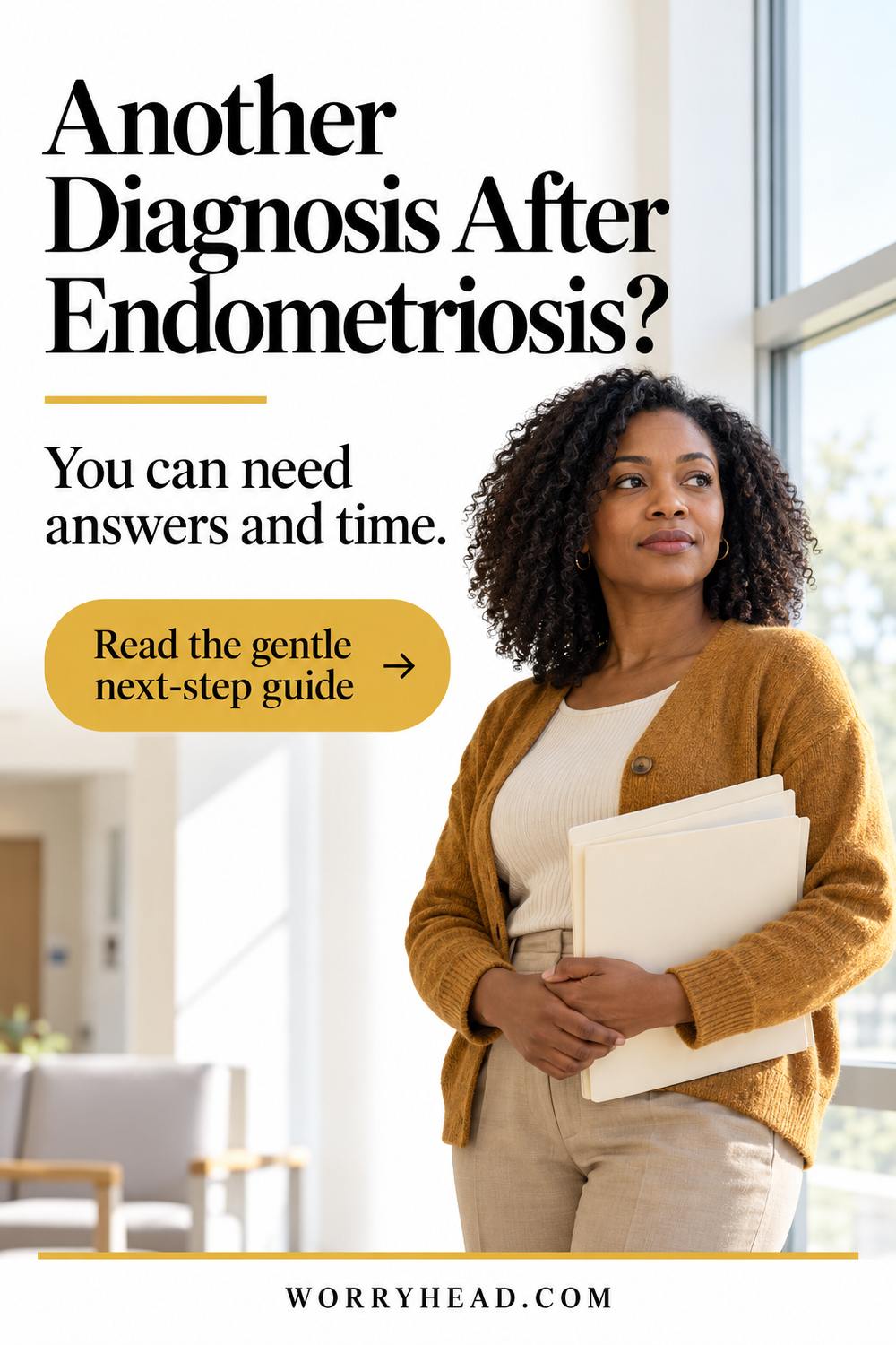 Woman with loose coily hair holding folders for endometriosis and another diagnosis
