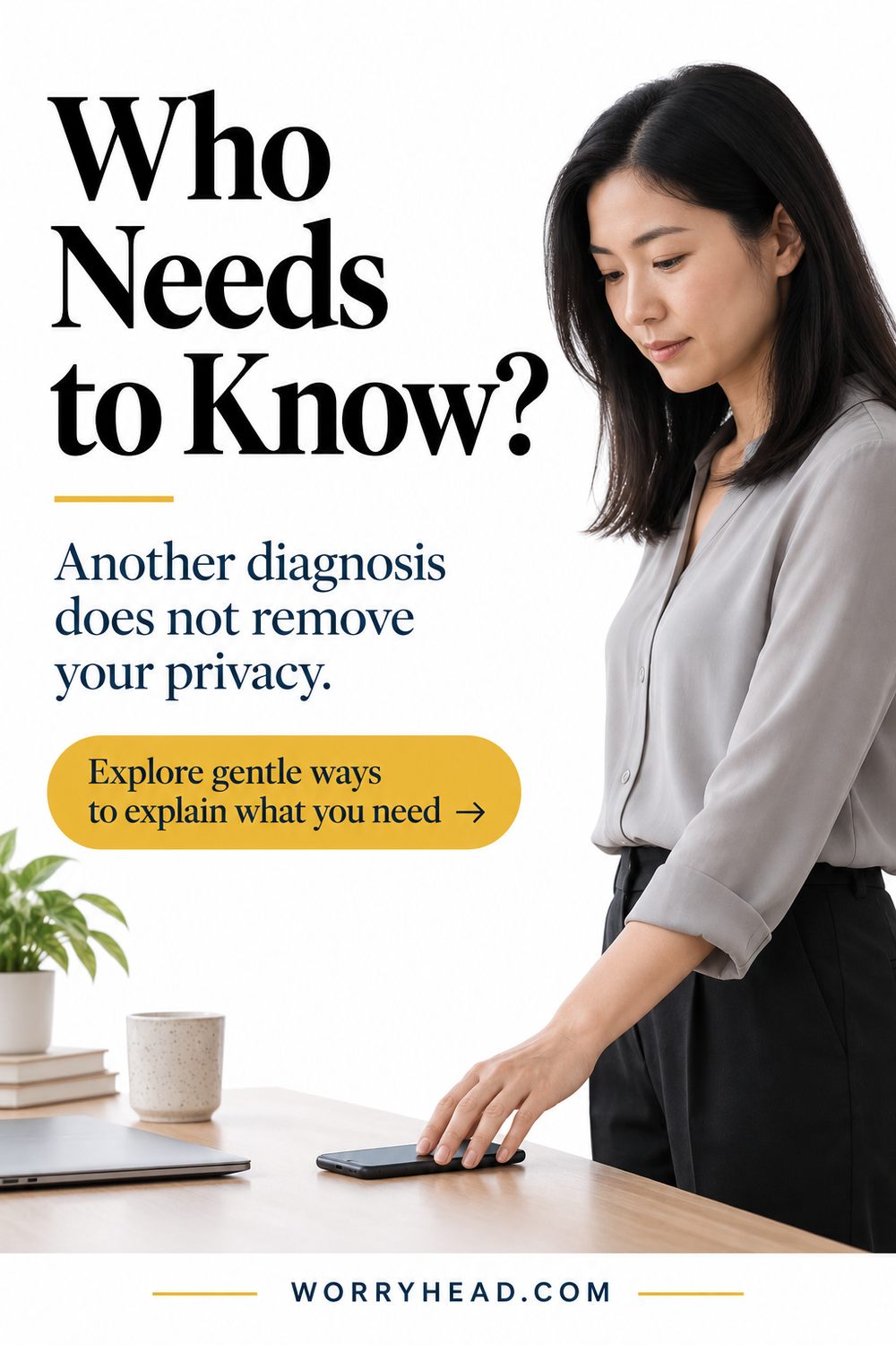Woman putting her phone down while choosing privacy around endometriosis and another diagnosis