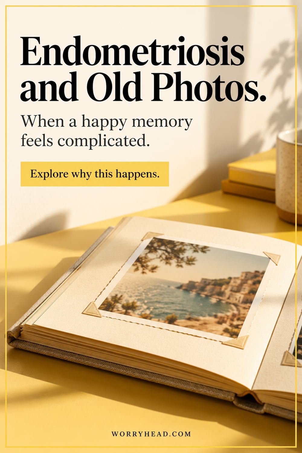 Open photo album on a yellow table for endometriosis and old photos
