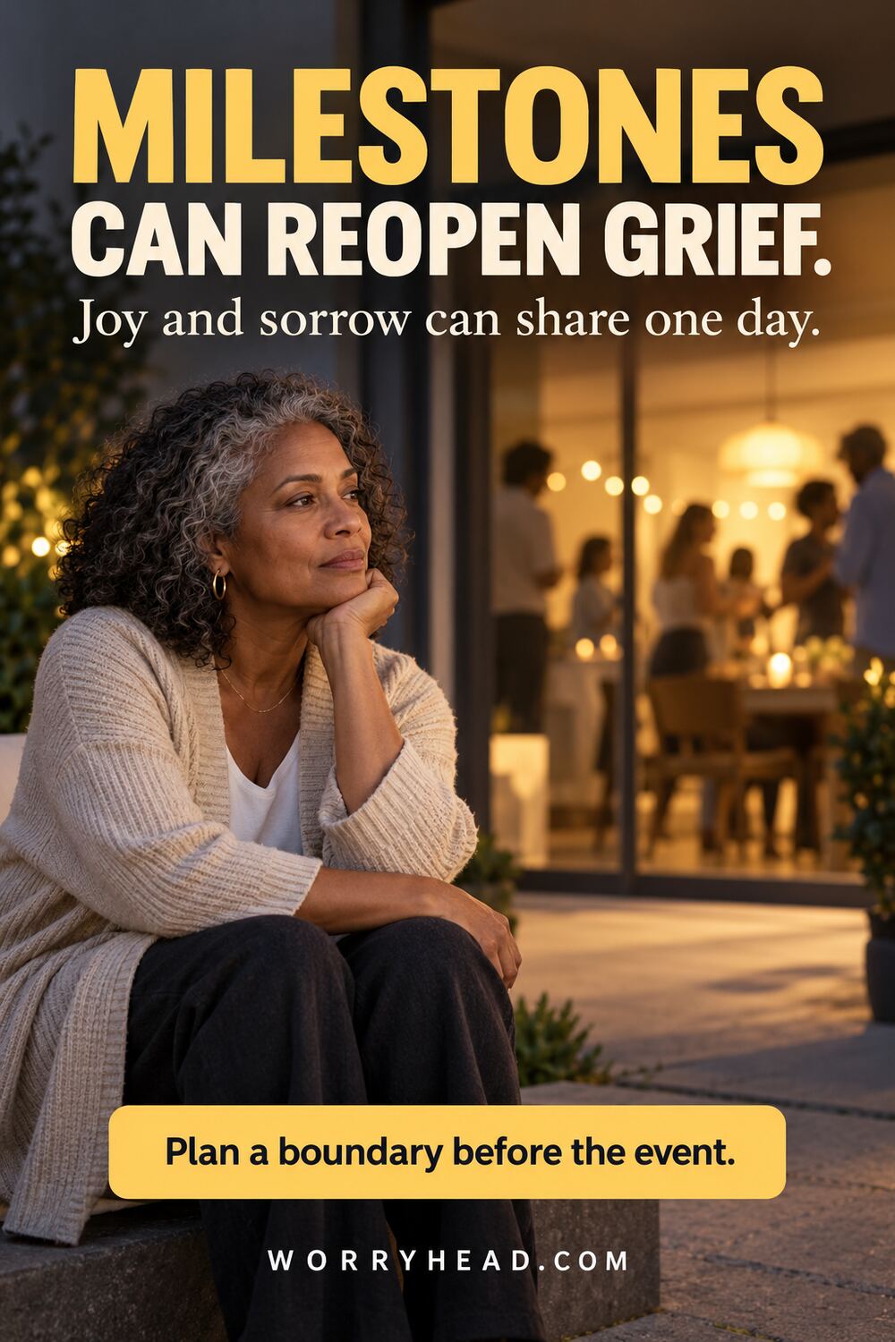 Woman outside a family gathering in an endometriosis and other people's milestones design.