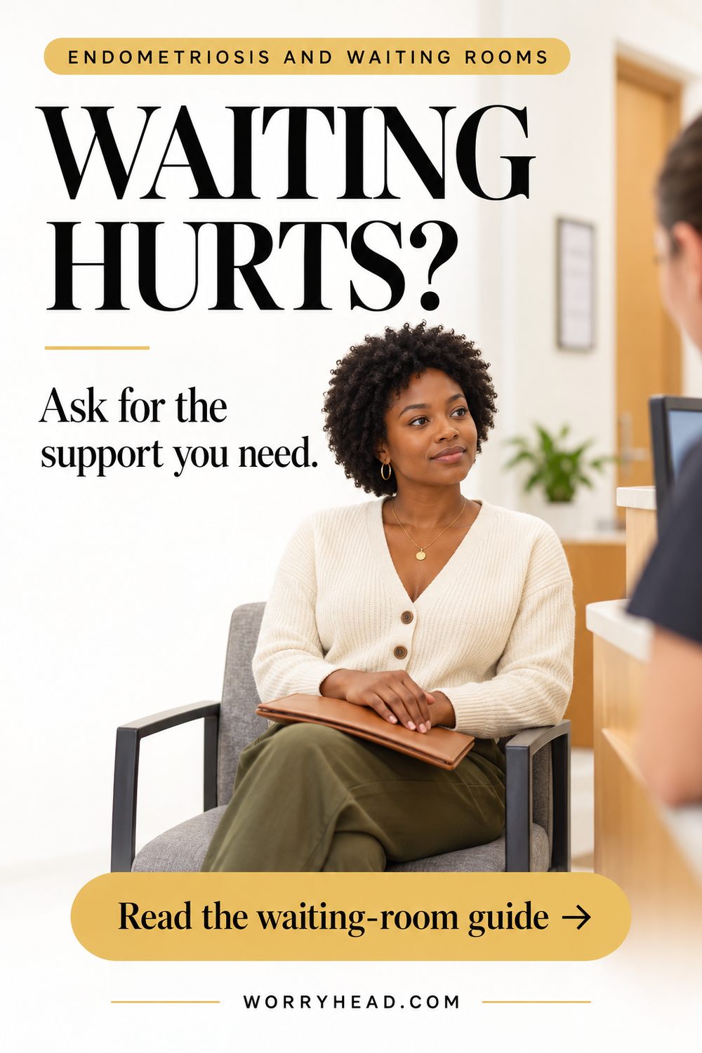 Black woman seated upright with a closed folder at clinic reception for endometriosis and waiting rooms