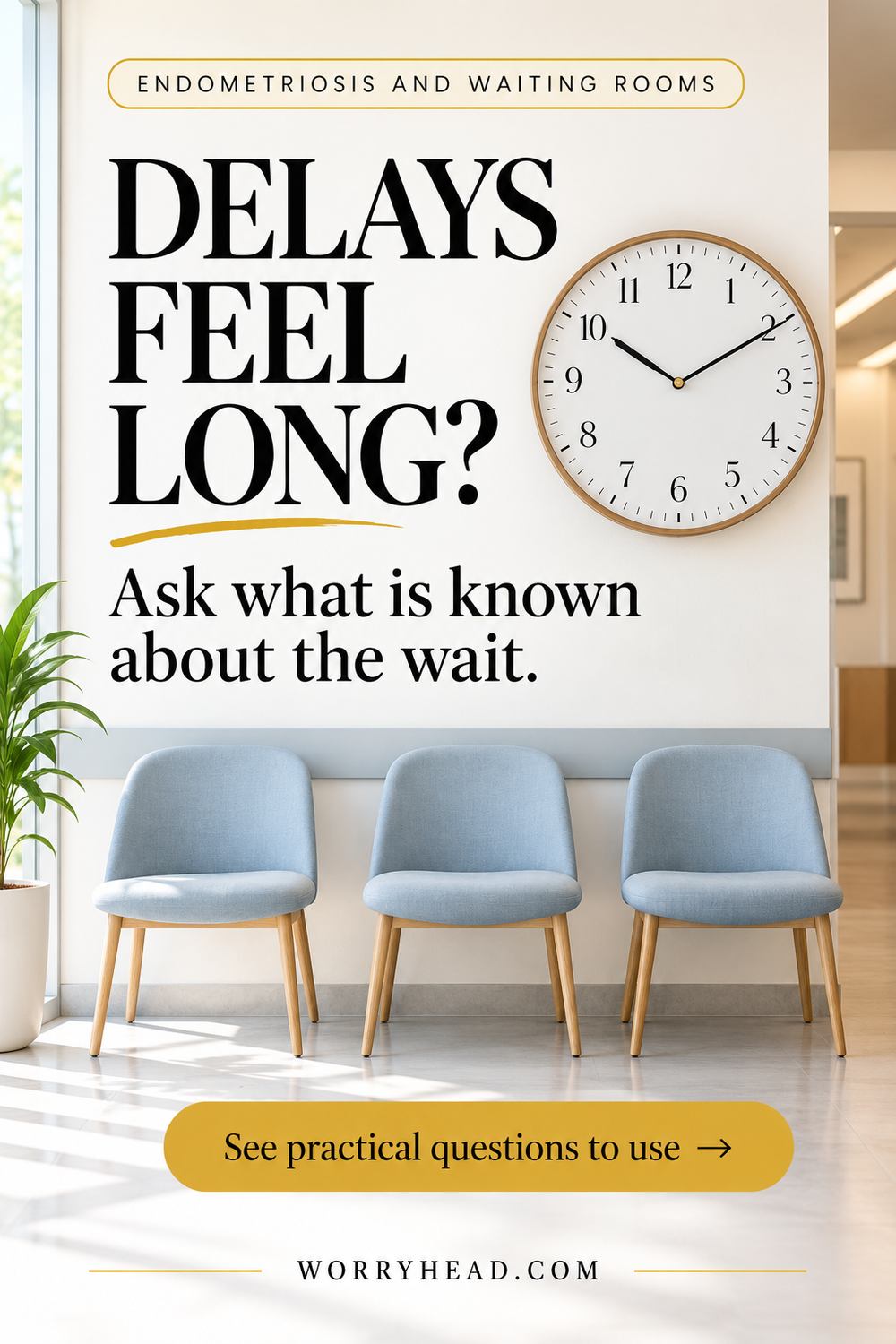 Clock above three empty waiting-room chairs for endometriosis and waiting rooms
