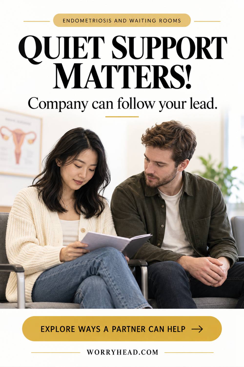 East Asian woman and her partner reviewing notes together for endometriosis and waiting rooms