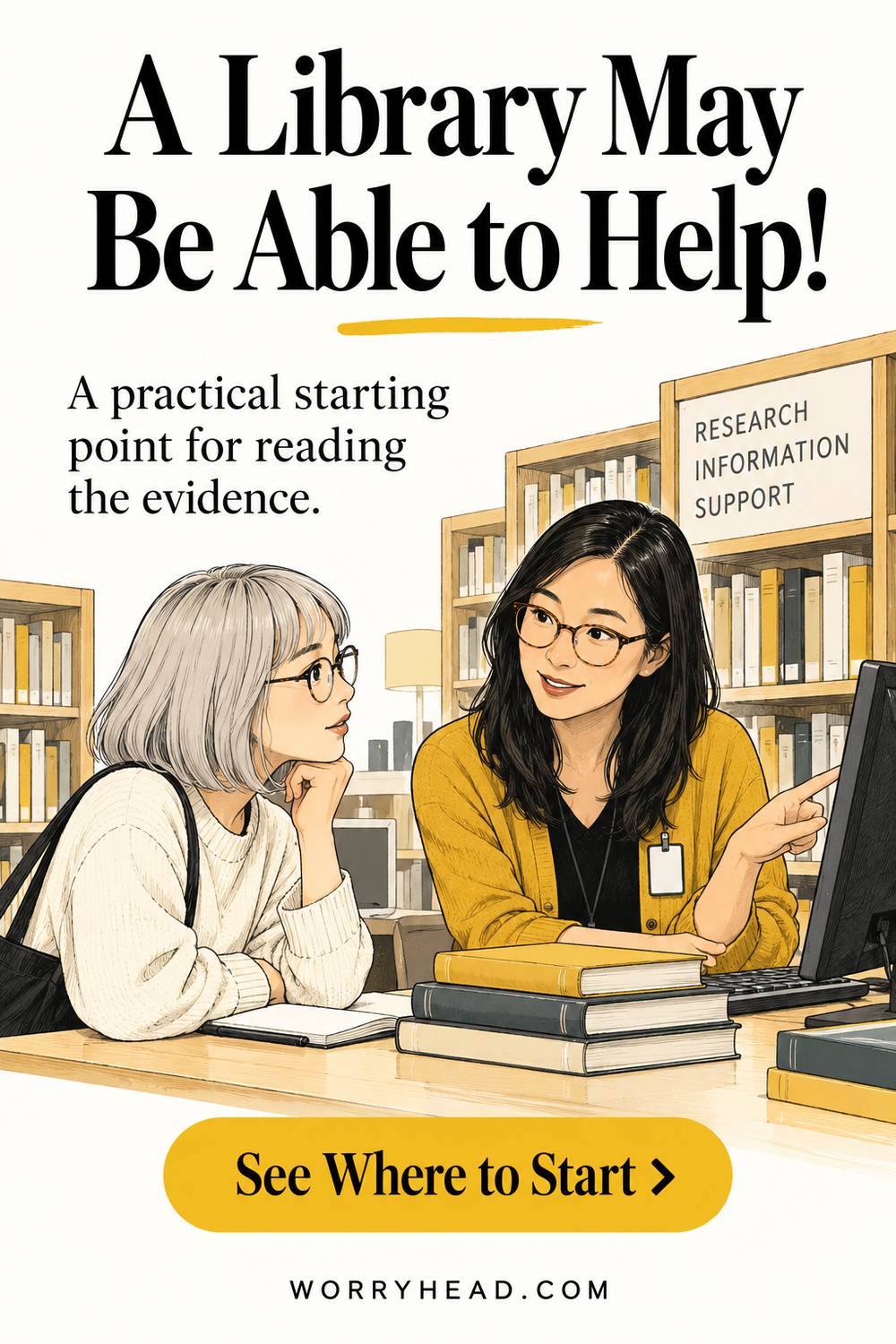 Two women discussing research at a library desk — finding free endometriosis research.