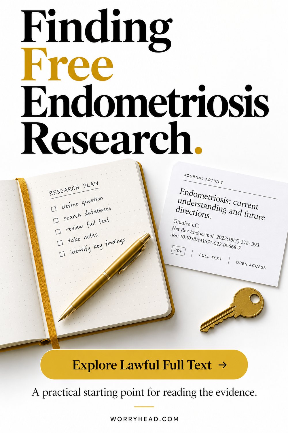Citation cards, journal and key without people — finding free endometriosis research.
