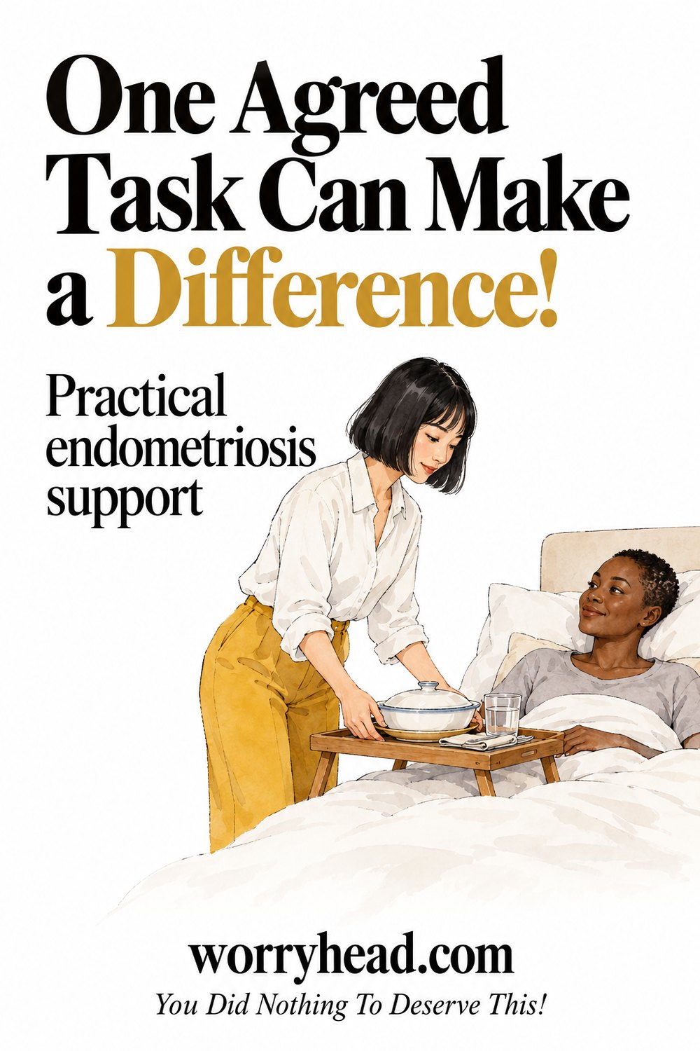 Watercolour illustration of a helper placing a covered meal on a bedside tray for a woman resting in bed. Text: One Agreed Task Can Make a Difference!