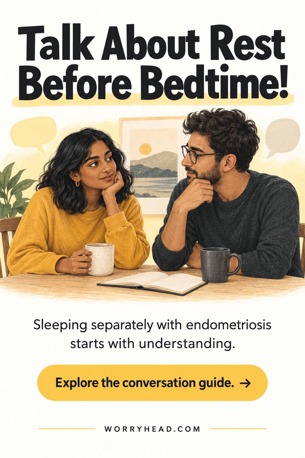 Illustrated couple talking at a table about sleeping separately with endometriosis.