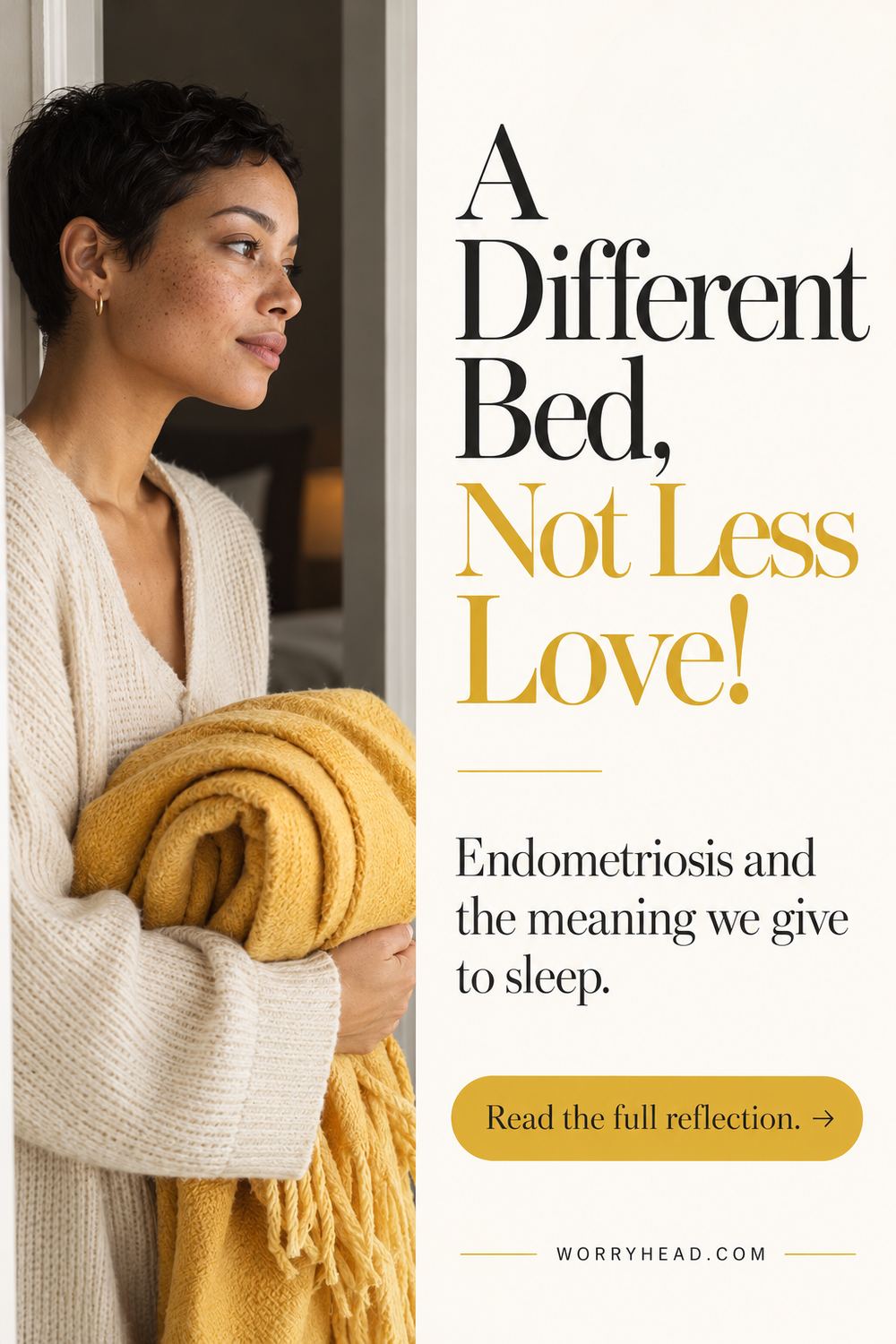 Woman holding a yellow blanket in a pin about sleeping separately with endometriosis.