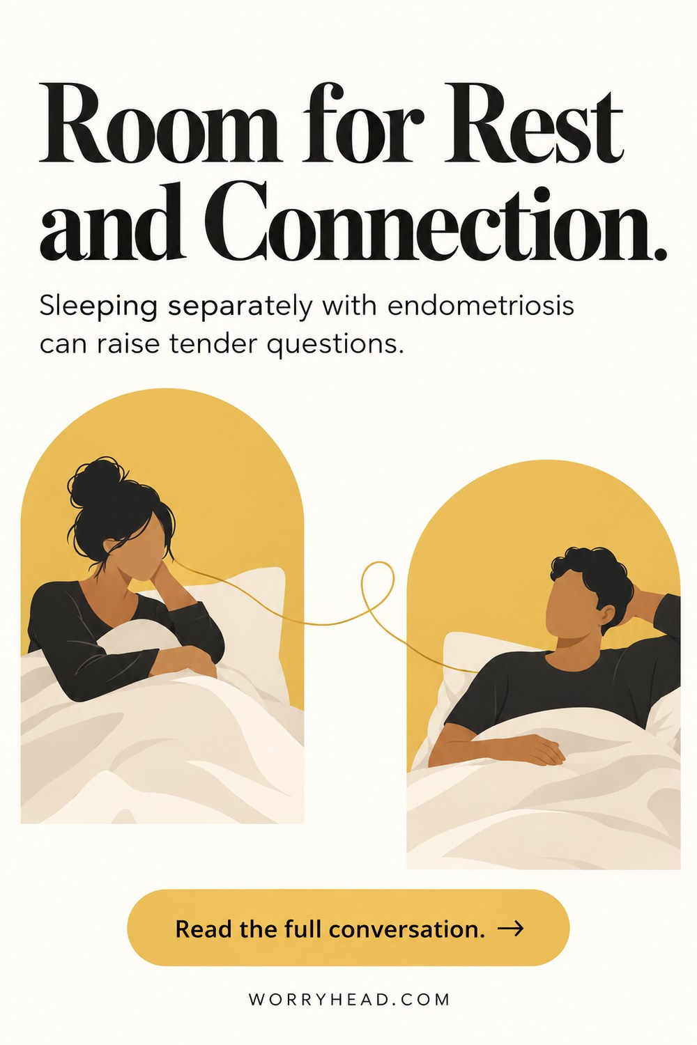 Faceless figures linked by a gold line, representing connection while sleeping separately with endometriosis.