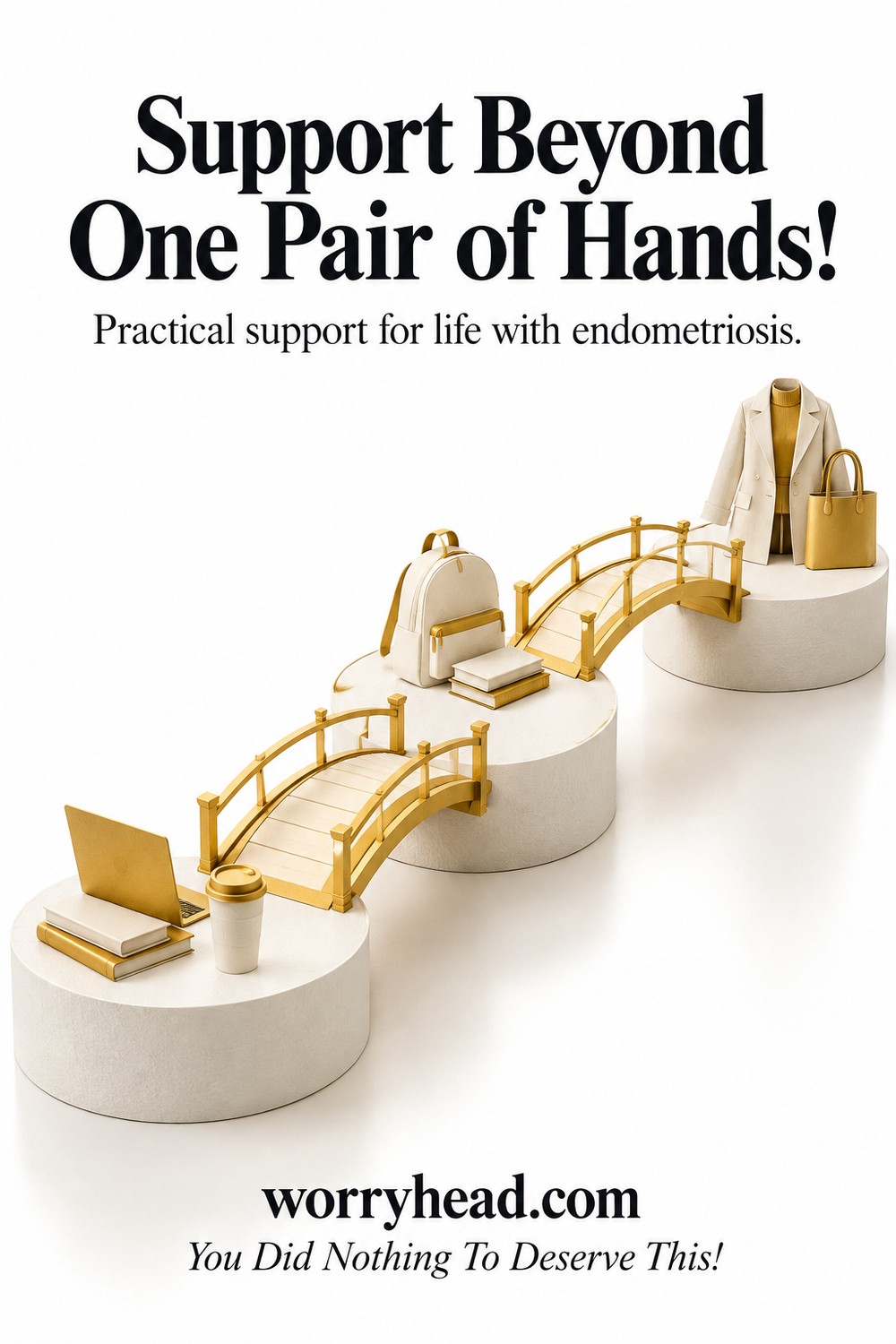 Small gold bridges connect separate platforms representing different sources of practical help. Text: Support Beyond One Pair of Hands!