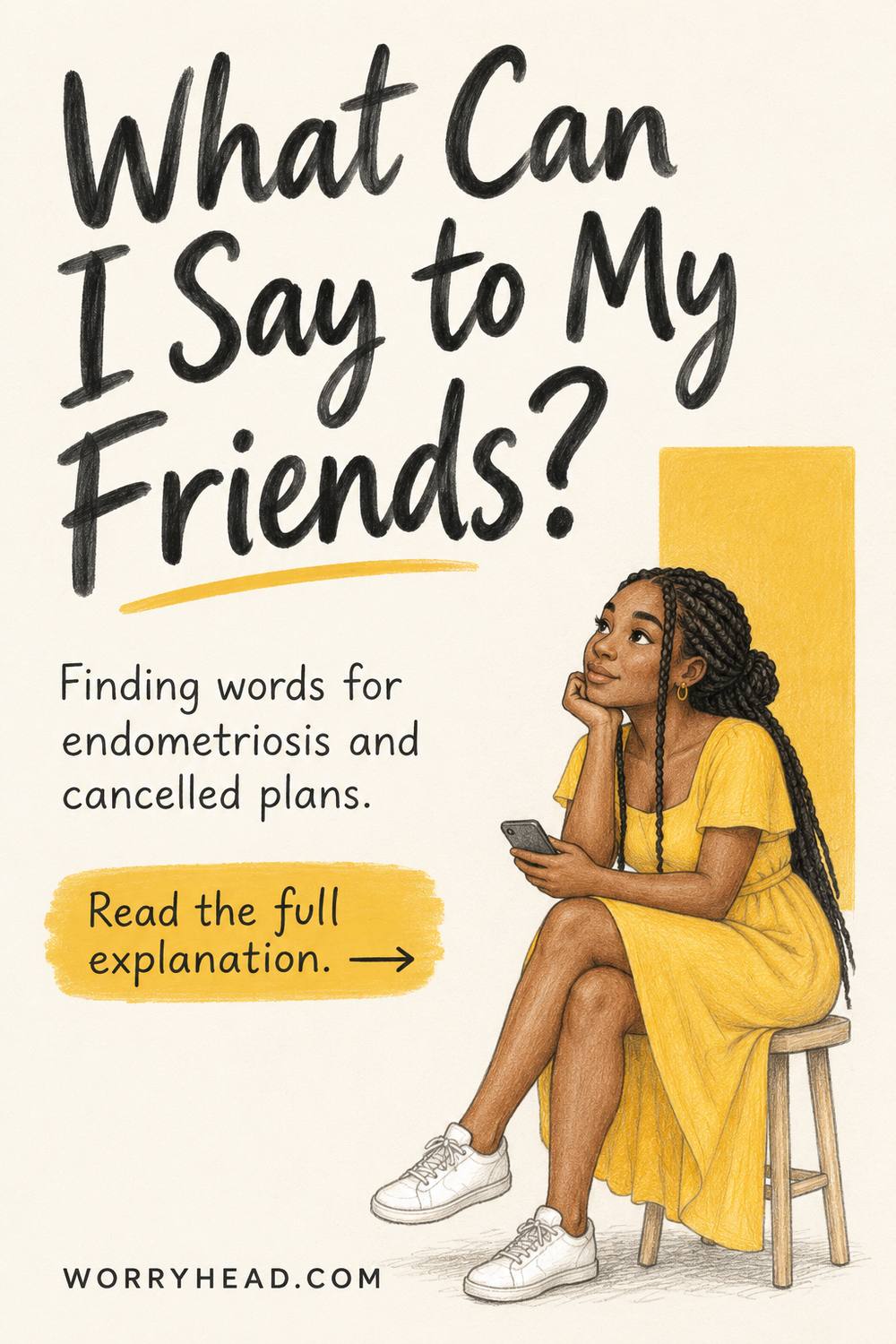 Illustrated woman with a phone for endometriosis and cancelled plans