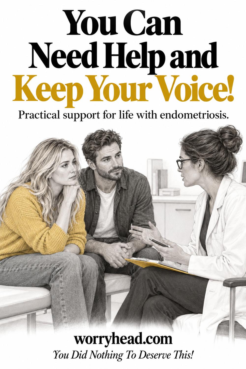 Illustration of a couple listening to a clinician across a consultation desk. Text: You Can Need Help and Keep Your Voice!