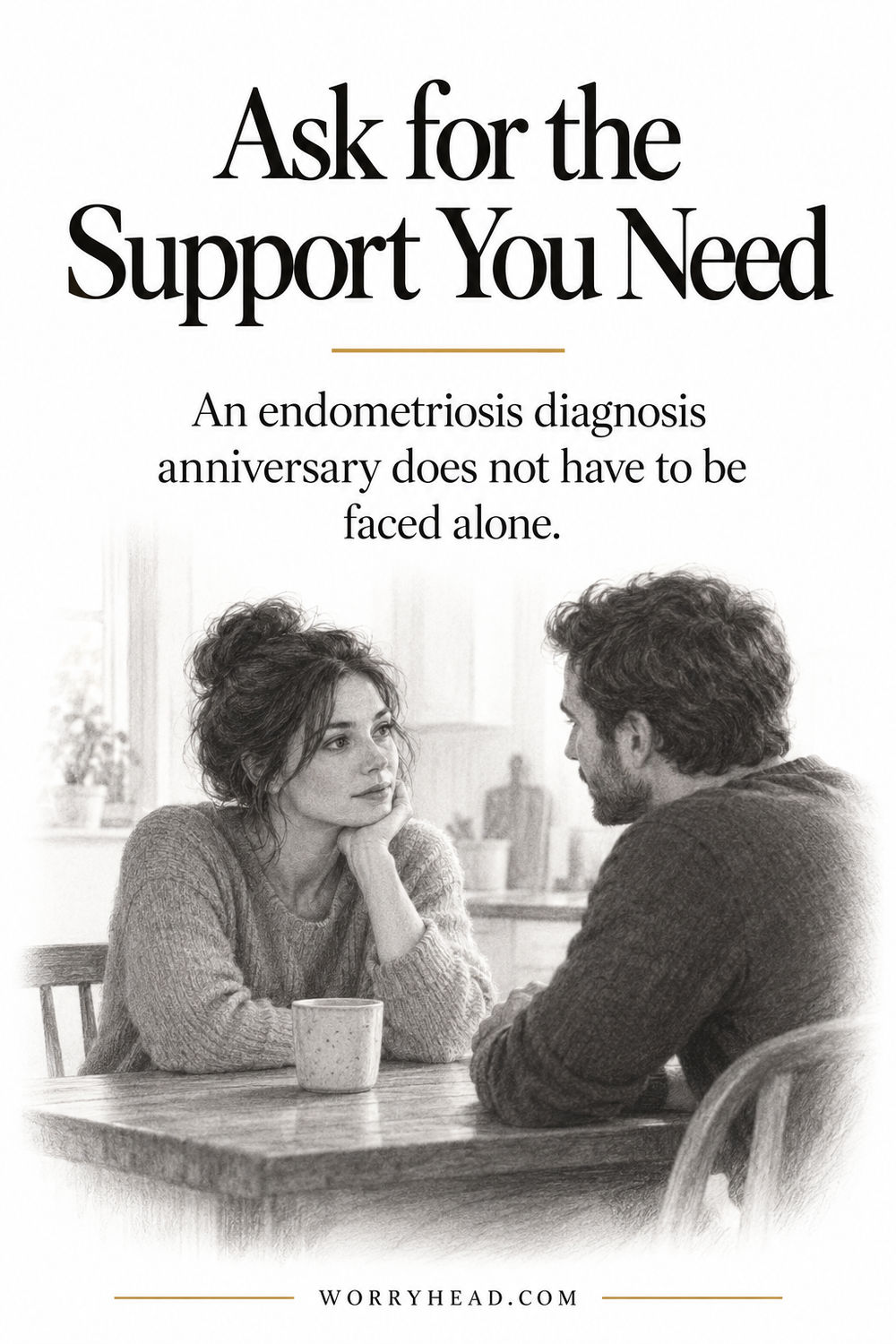 Endometriosis diagnosis anniversary: a woman and her partner talk quietly, illustrating asking for the support you need.