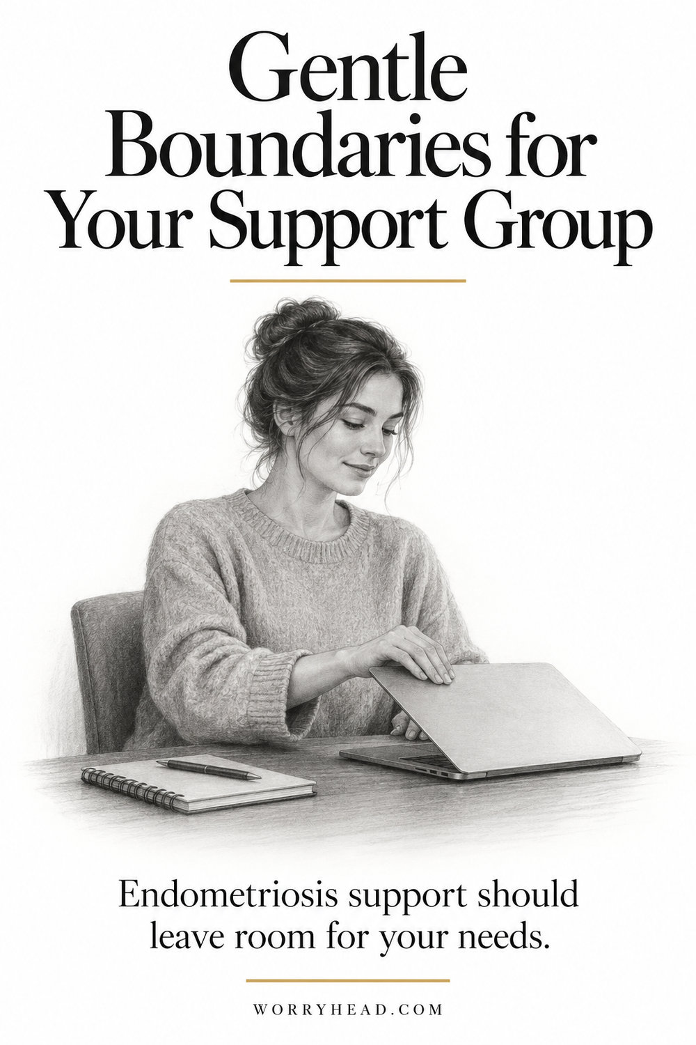 When an endometriosis support group feels overwhelming, a woman closes her laptop to illustrate a gentle boundary.